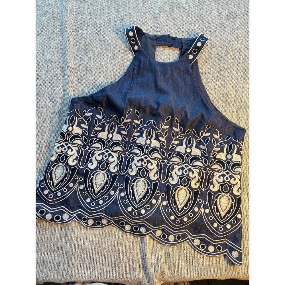 J.O.A. LA Women's M Embroidered Halter Top Navy Scalloped Bottom ￼